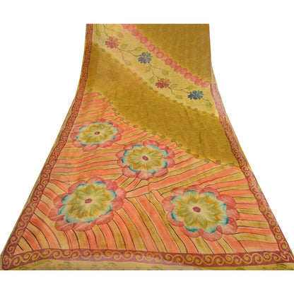 Sanskriti Vintage Green Sarees Pure Georgette Floral Printed Sari Craft Fabric