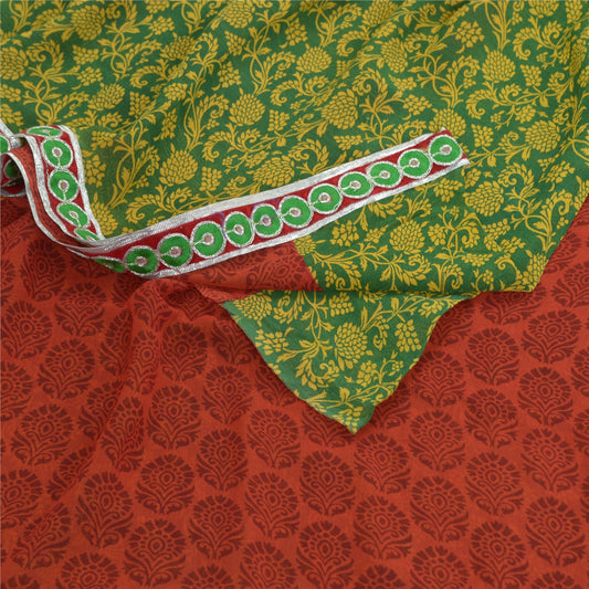 Sanskriti Vintage Sarees Orange/Green Pure Georgette Printed Sari Craft Fabric