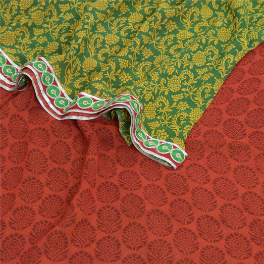 Sanskriti Vintage Sarees Orange/Green Pure Georgette Printed Sari Craft Fabric
