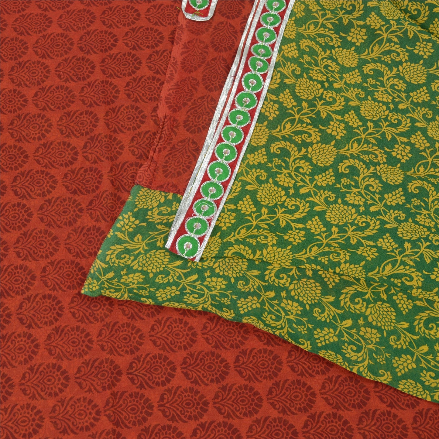 Sanskriti Vintage Sarees Orange/Green Pure Georgette Printed Sari Craft Fabric