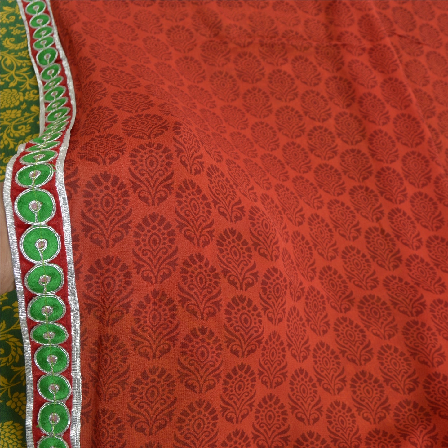 Sanskriti Vintage Sarees Orange/Green Pure Georgette Printed Sari Craft Fabric