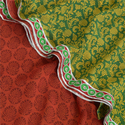 Sanskriti Vintage Sarees Orange/Green Pure Georgette Printed Sari Craft Fabric