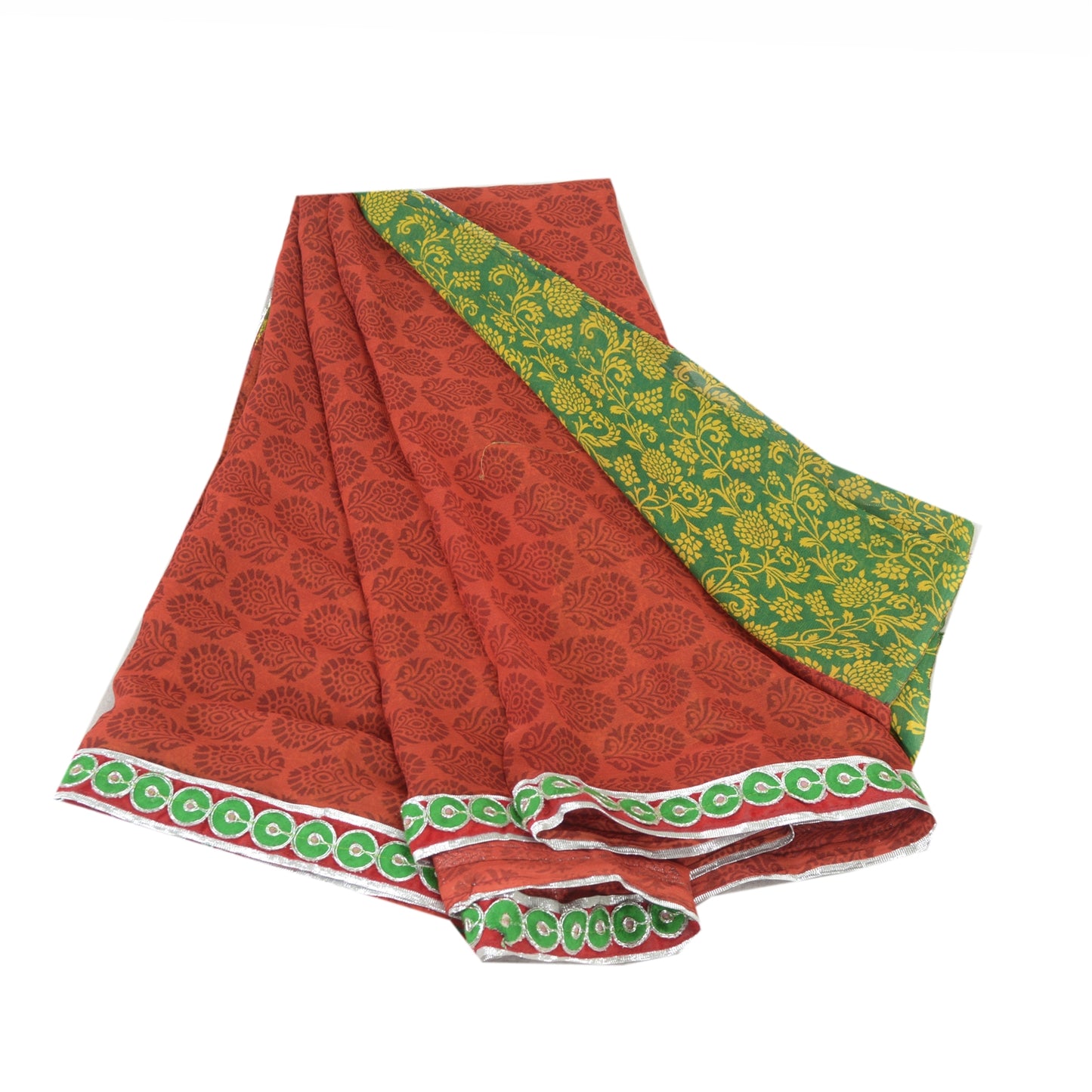 Sanskriti Vintage Sarees Orange/Green Pure Georgette Printed Sari Craft Fabric
