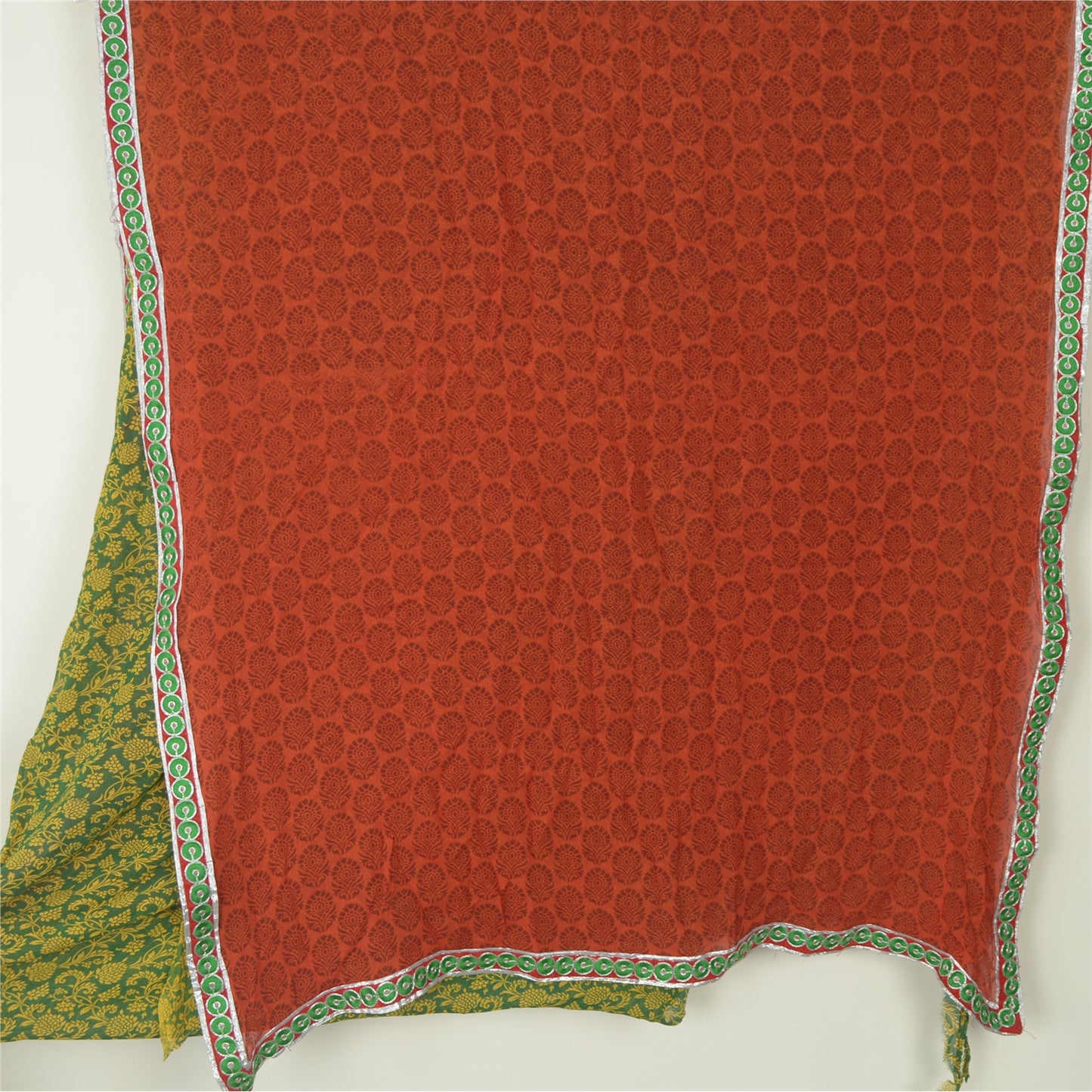 Sanskriti Vintage Sarees Orange/Green Pure Georgette Printed Sari Craft Fabric