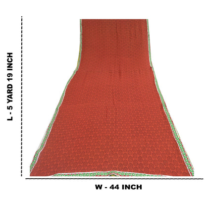 Sanskriti Vintage Sarees Orange/Green Pure Georgette Printed Sari Craft Fabric