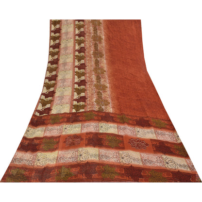 Sanskriti Vintage Sarees Indian Orange Georgette Sari Printed Soft Craft Fabric