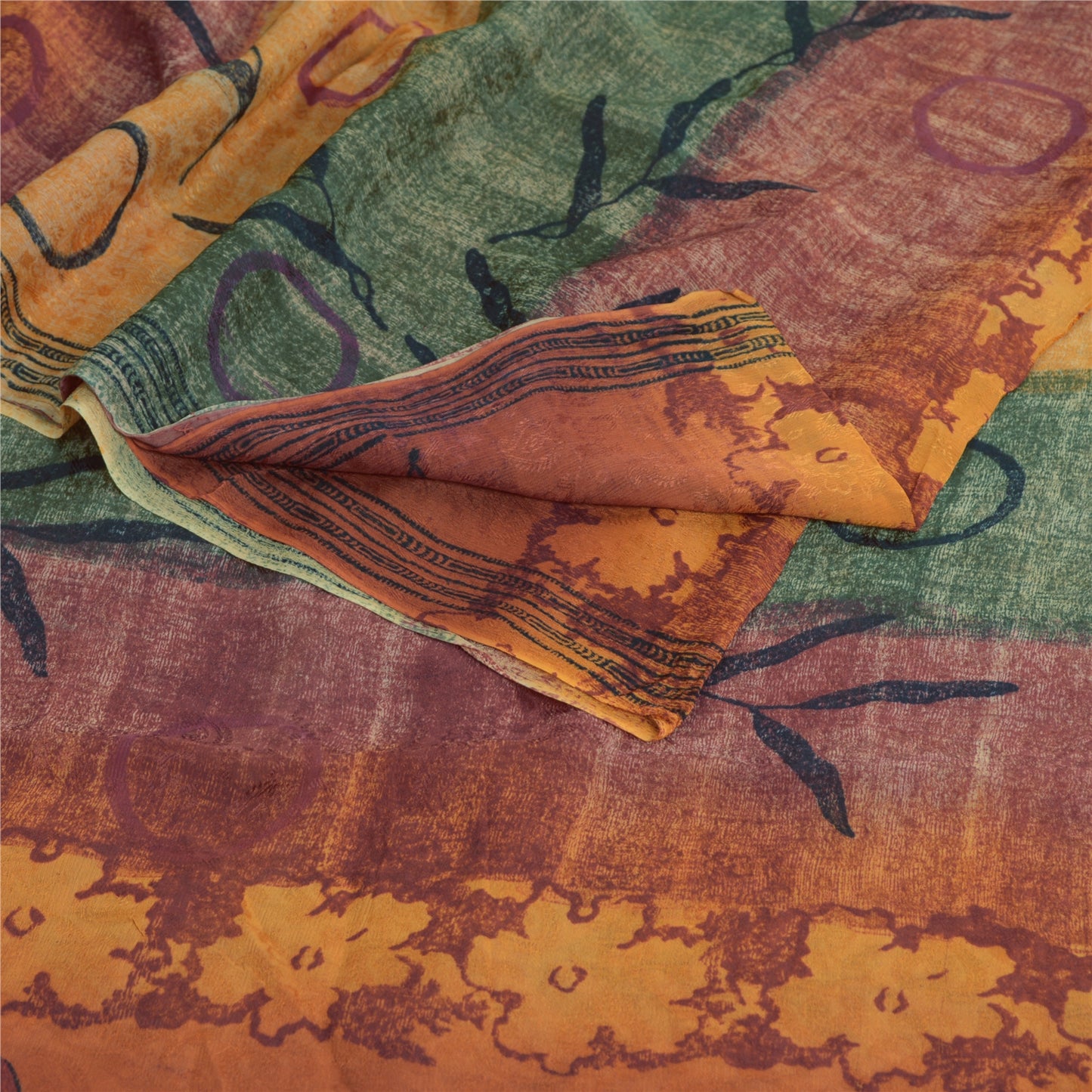Sanskriti Vintage Sari Blend Georgette Orange Indian Printed Saree 5 Yd Craft Fabric Boho Quilting Material For DIY Projects