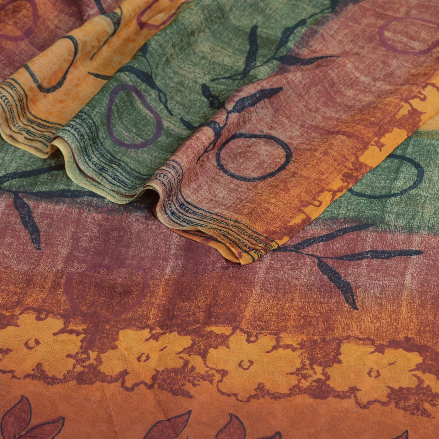 Sanskriti Vintage Sari Blend Georgette Orange Indian Printed Saree 5 Yd Craft Fabric Boho Quilting Material For DIY Projects