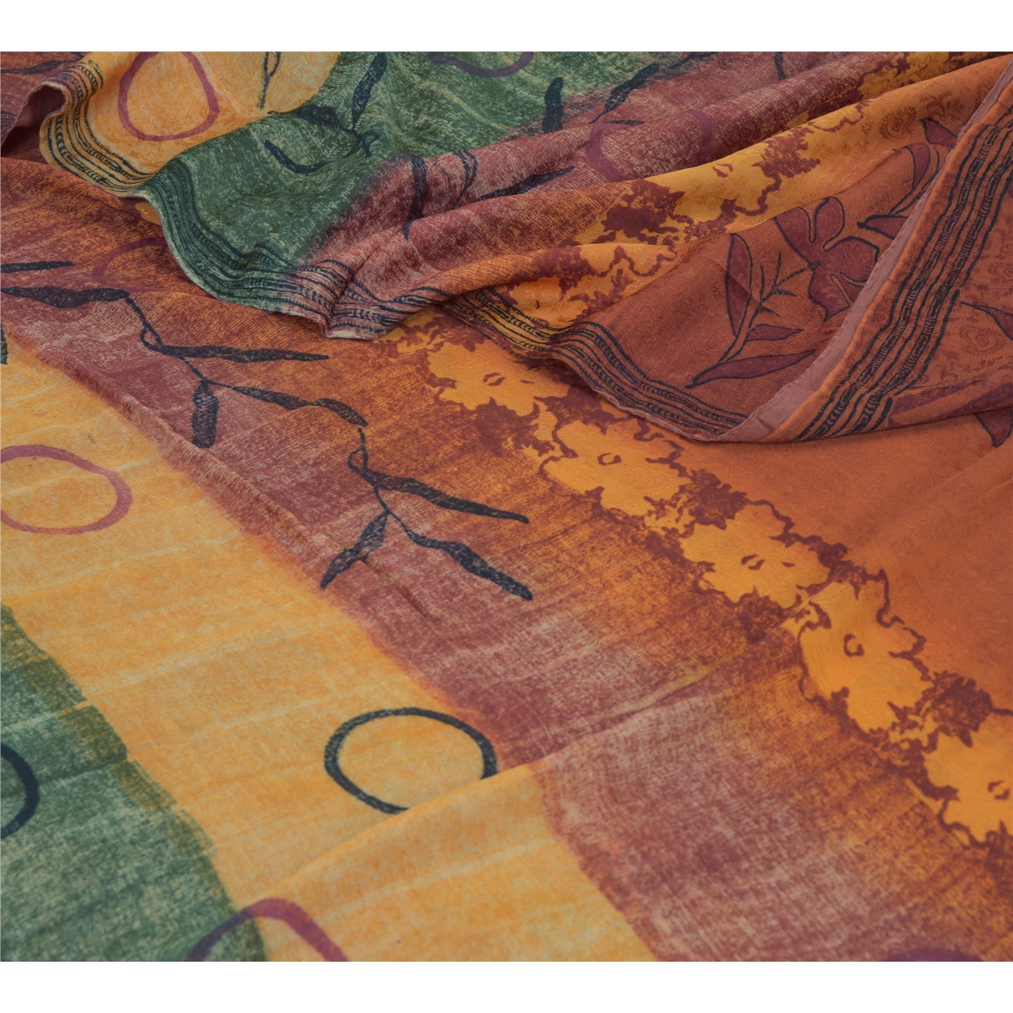 Sanskriti Vintage Sari Blend Georgette Orange Indian Printed Saree 5 Yd Craft Fabric Boho Quilting Material For DIY Projects