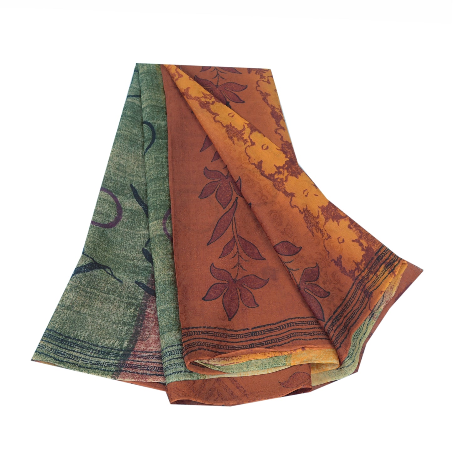 Sanskriti Vintage Sari Blend Georgette Orange Indian Printed Saree 5 Yd Craft Fabric Boho Quilting Material For DIY Projects