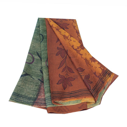Sanskriti Vintage Sari Blend Georgette Orange Indian Printed Saree 5 Yd Craft Fabric Boho Quilting Material For DIY Projects