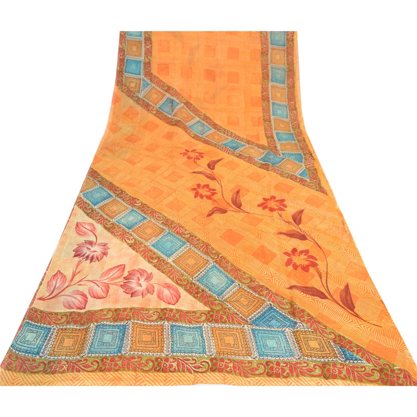 Sanskriti Vintage Orange 100% Pure Georgette Sarees Print Sari 5+YD Craft Fabric
