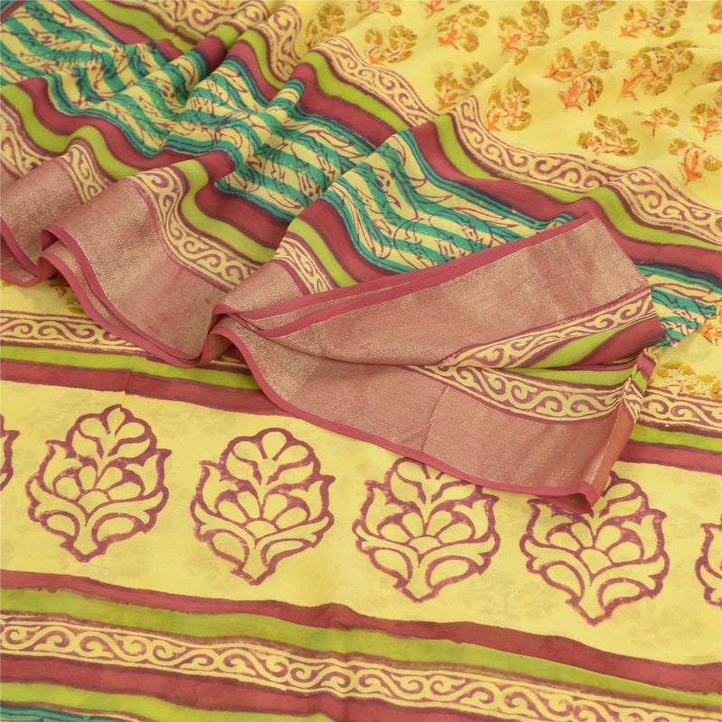 Sanskriti Vintage Sari Blend Georgette Yellow Saree Block Printed 5 Yd Craft Supplies Fabric Boho Quilting Material For DIY Projects