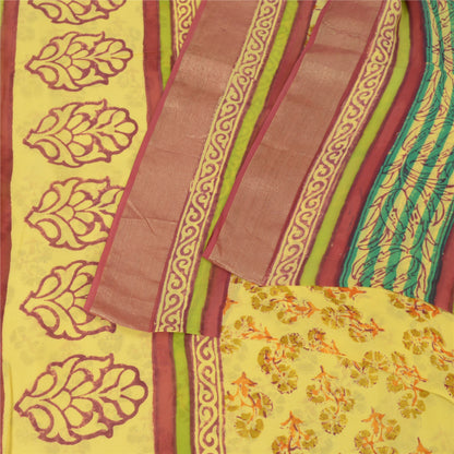 Sanskriti Vintage Yellow Sarees Block Printed Blend Georgette Sari Craft Fabric