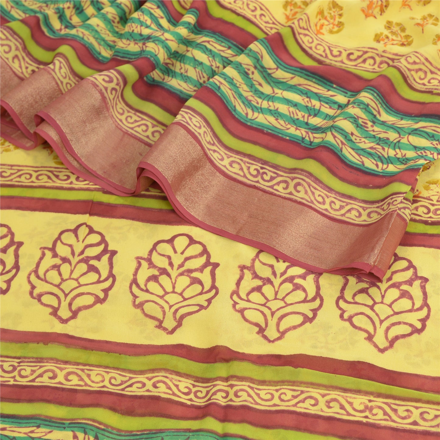 Sanskriti Vintage Yellow Sarees Block Printed Blend Georgette Sari Craft Fabric
