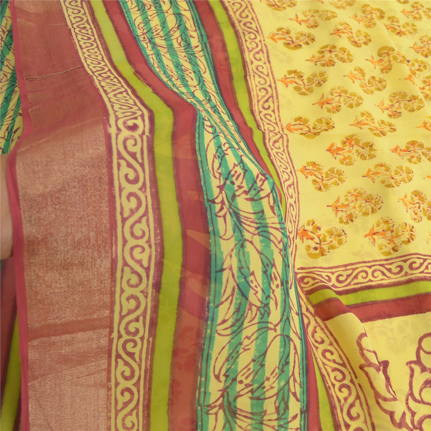 Sanskriti Vintage Yellow Sarees Block Printed Blend Georgette Sari Craft Fabric