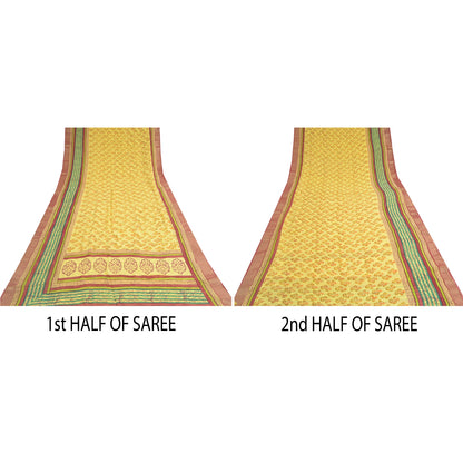 Sanskriti Vintage Yellow Sarees Block Printed Blend Georgette Sari Craft Fabric