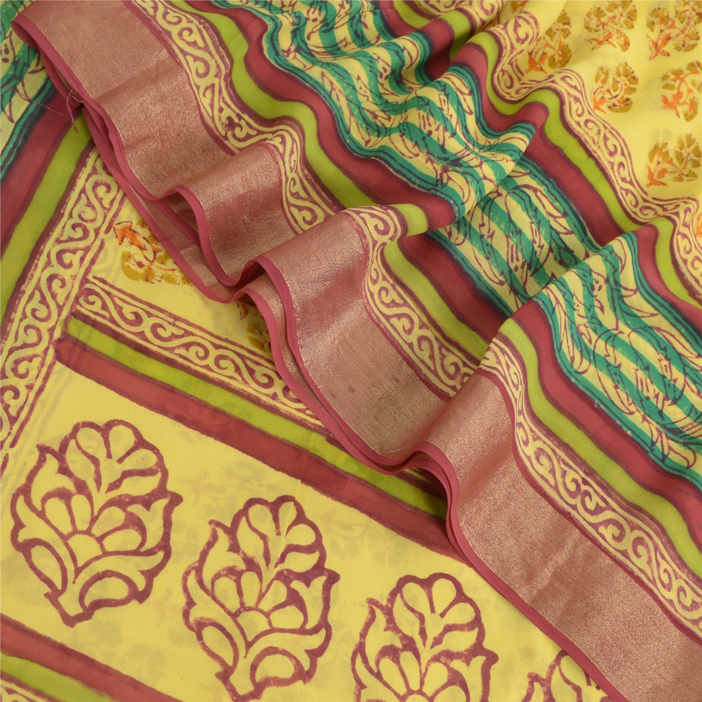 Sanskriti Vintage Yellow Sarees Block Printed Blend Georgette Sari Craft Fabric