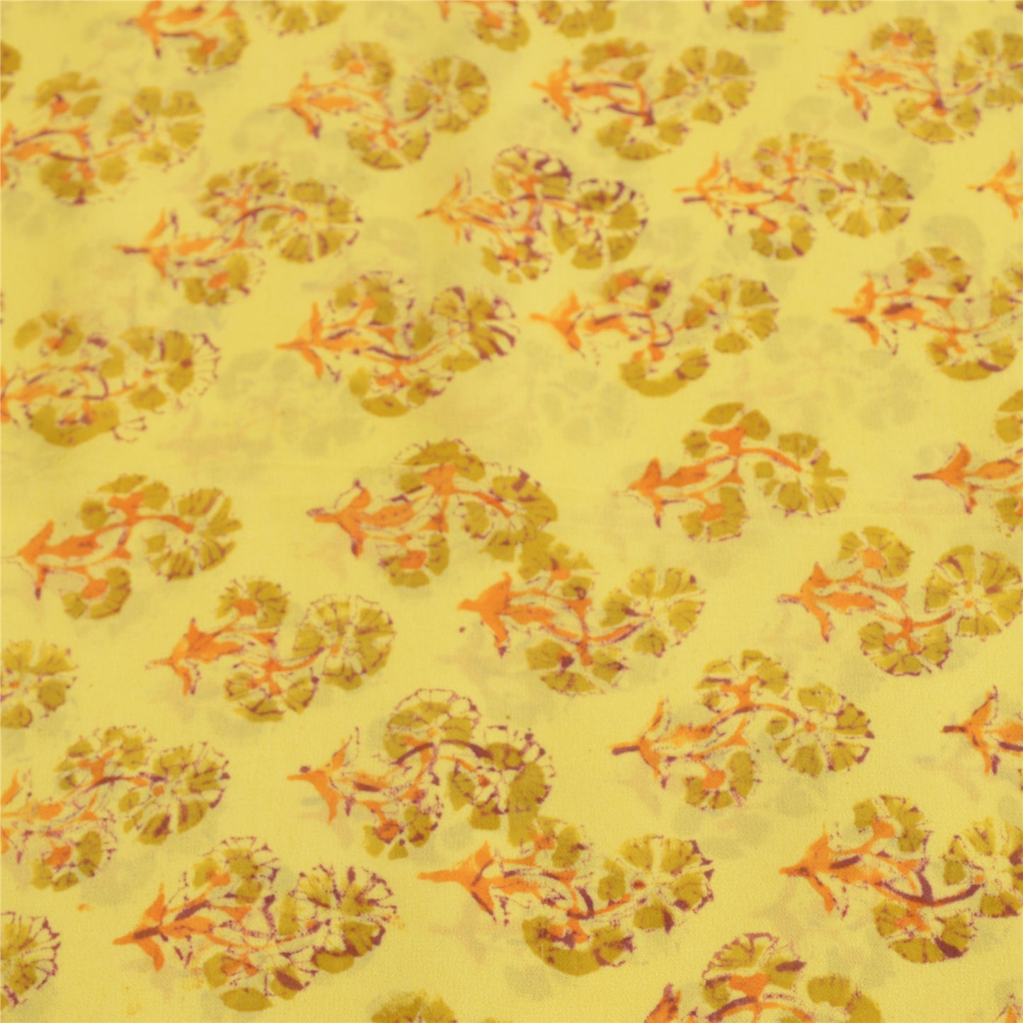 Sanskriti Vintage Yellow Sarees Block Printed Blend Georgette Sari Craft Fabric