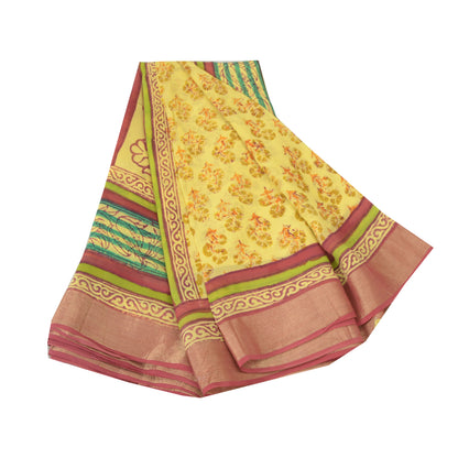 Sanskriti Vintage Yellow Sarees Block Printed Blend Georgette Sari Craft Fabric