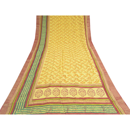 Sanskriti Vintage Yellow Sarees Block Printed Blend Georgette Sari Craft Fabric