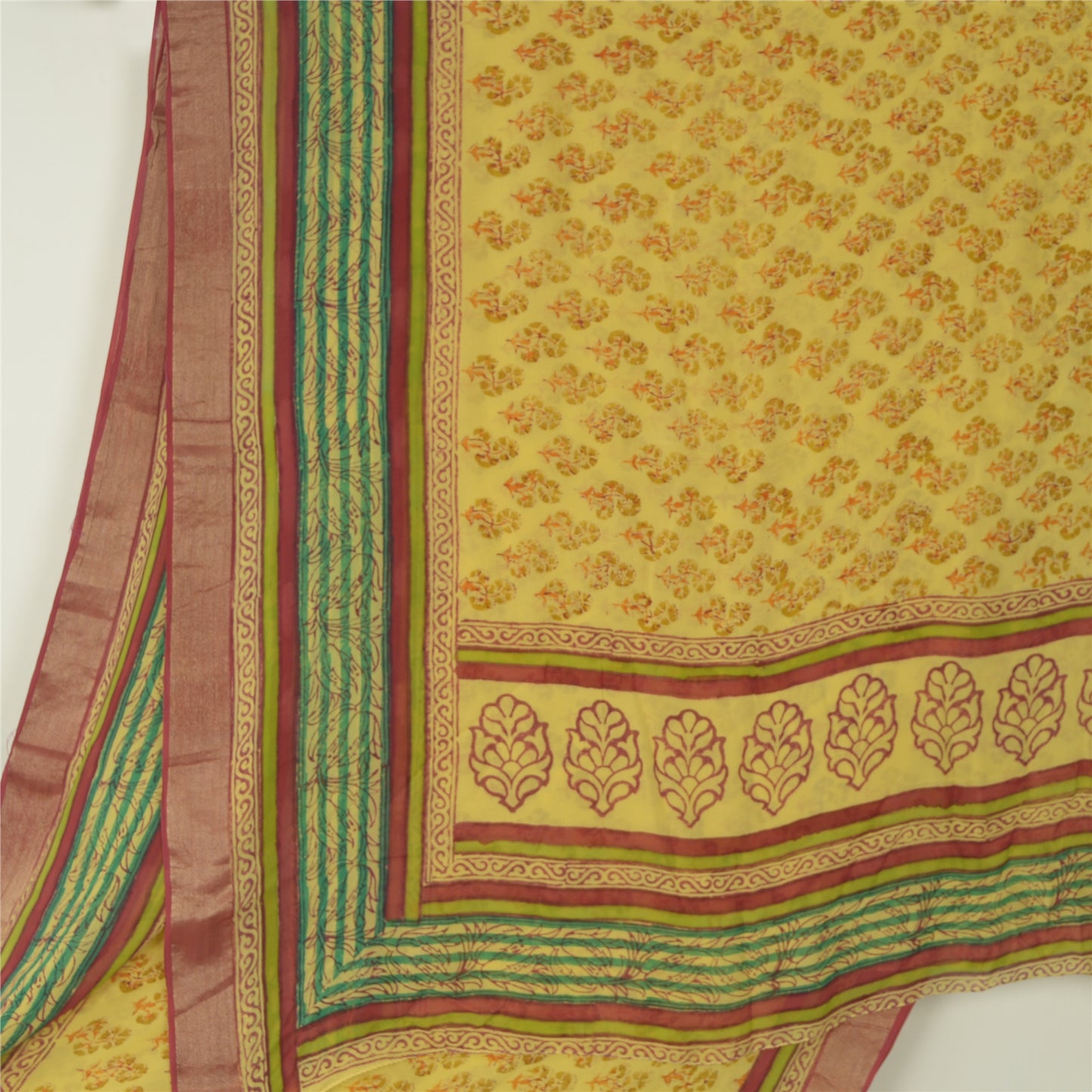 Sanskriti Vintage Yellow Sarees Block Printed Blend Georgette Sari Craft Fabric