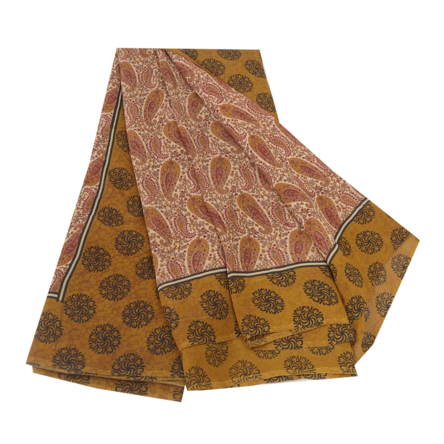 Sanskriti Vintage Cream & Green Sarees Pure Georgette Print Sari Craft Fabric