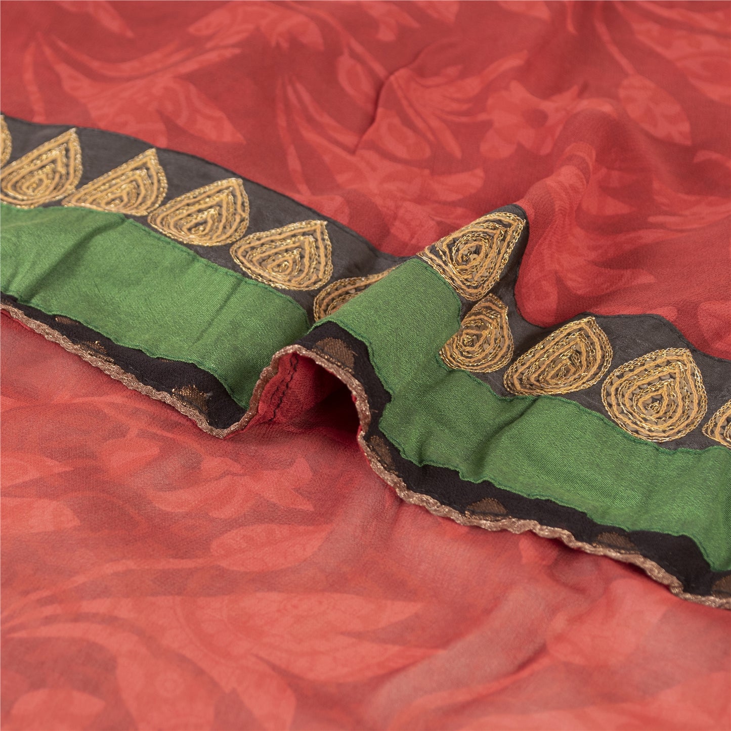 Sanskriti Vintage Red Indian Sarees Print Lace Work Pure Georgette Sari Fabric