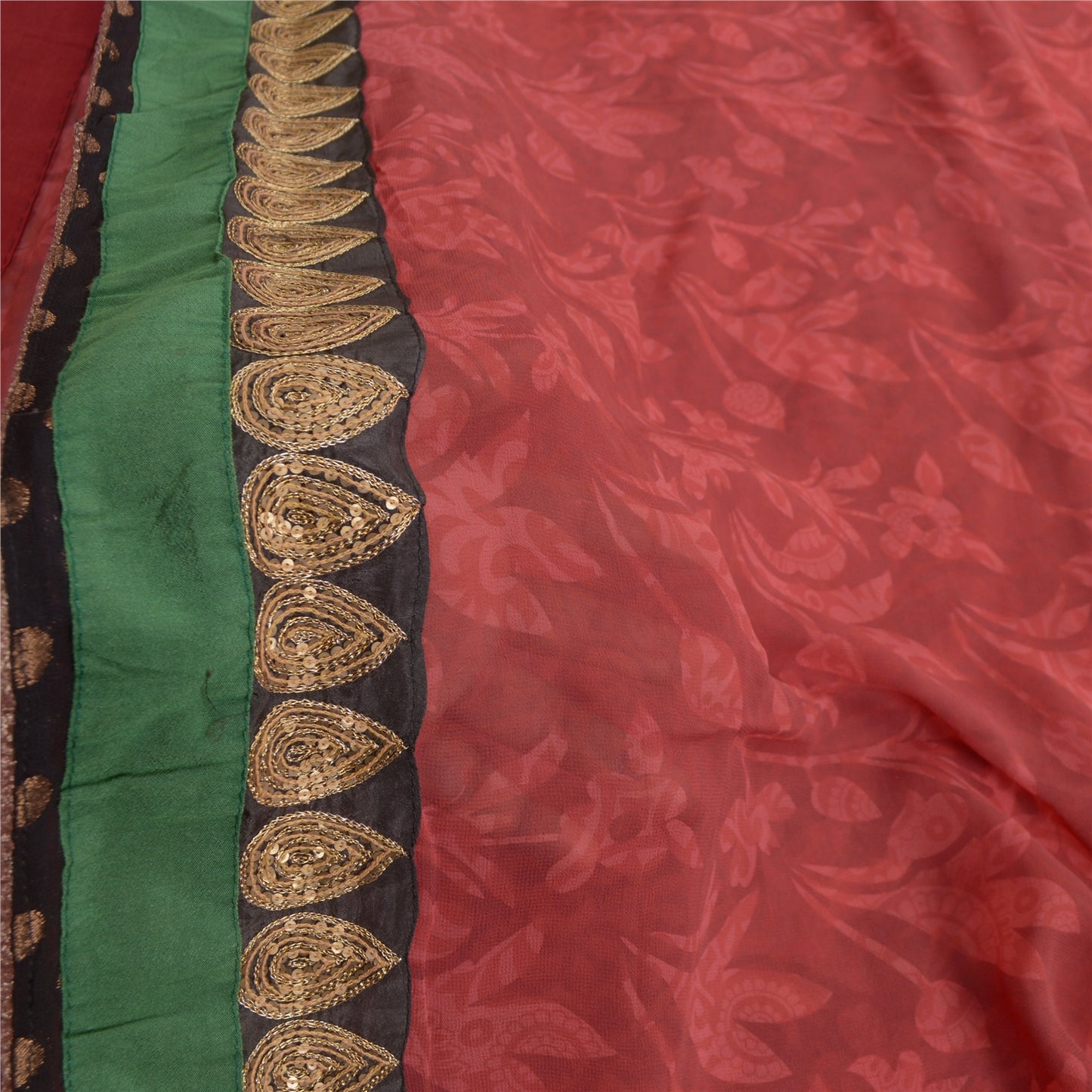 Sanskriti Vintage Red Indian Sarees Print Lace Work Pure Georgette Sari Fabric