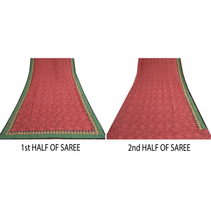 Sanskriti Vintage Red Indian Sarees Print Lace Work Pure Georgette Sari Fabric