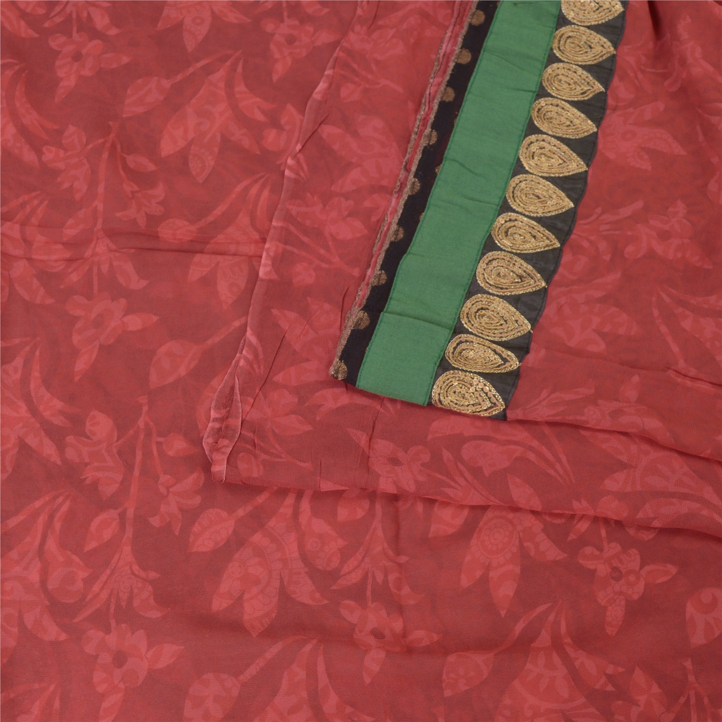 Sanskriti Vintage Red Indian Sarees Print Lace Work Pure Georgette Sari Fabric