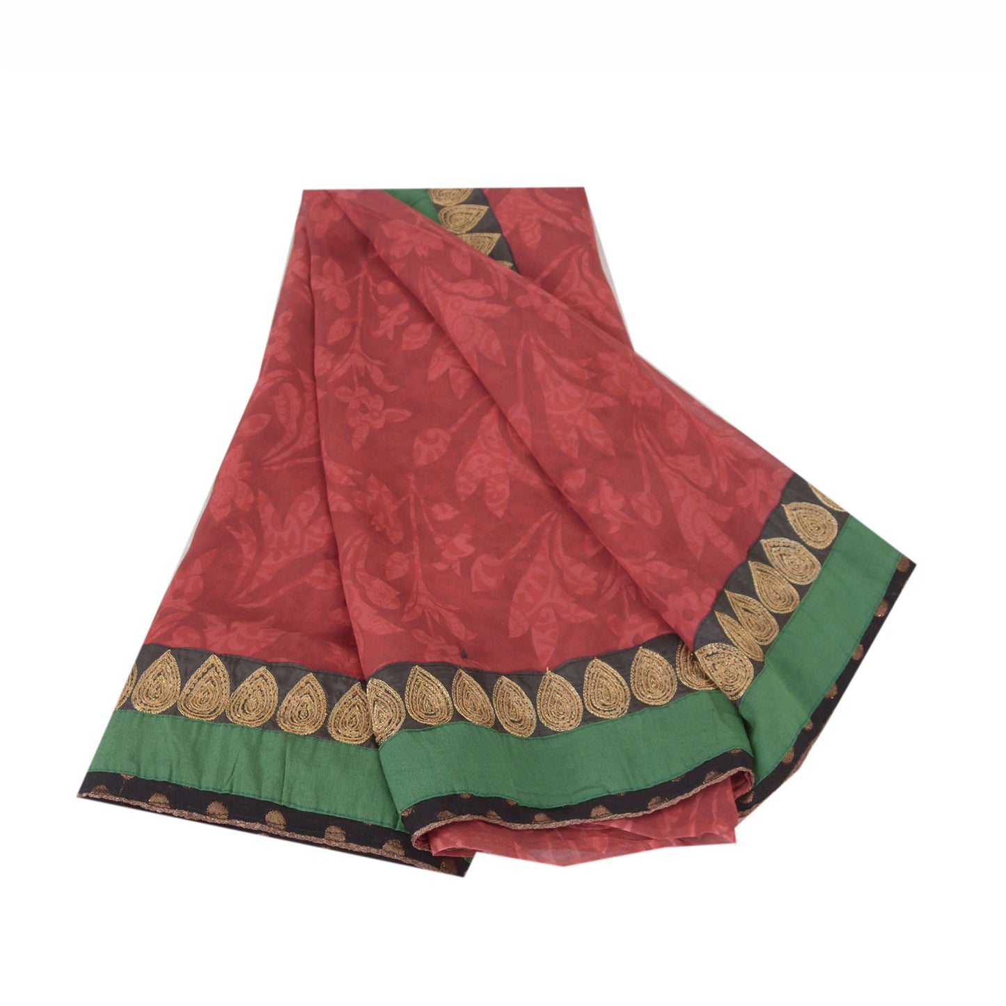 Sanskriti Vintage Red Indian Sarees Print Lace Work Pure Georgette Sari Fabric