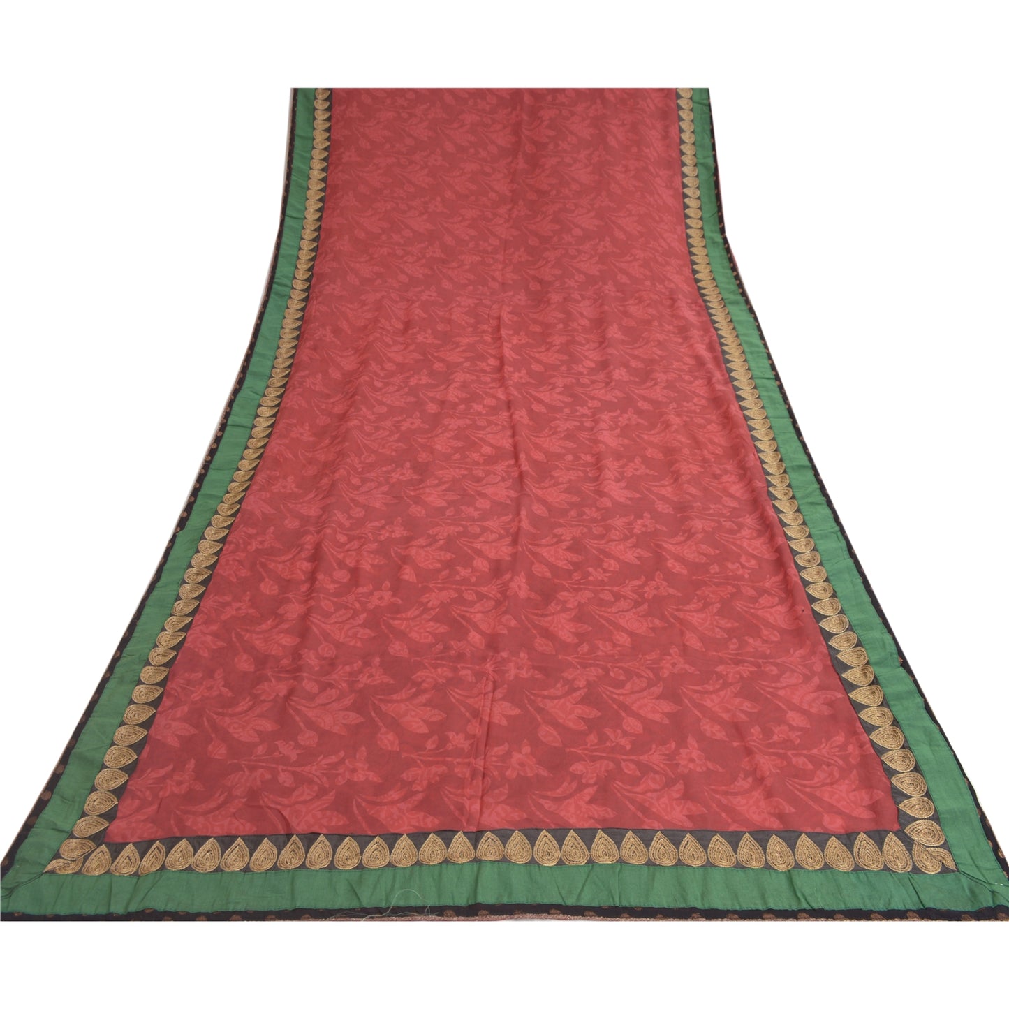 Sanskriti Vintage Red Indian Sarees Print Lace Work Pure Georgette Sari Fabric