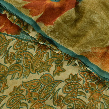 Sanskriti Vintage Green Sarees Pure Georgette Silk Printed Sari 5yd Craft Fabric