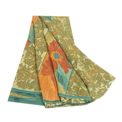 Sanskriti Vintage Green Sarees Pure Georgette Silk Printed Sari 5yd Craft Fabric
