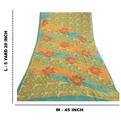 Sanskriti Vintage Green Sarees Pure Georgette Silk Printed Sari 5yd Craft Fabric