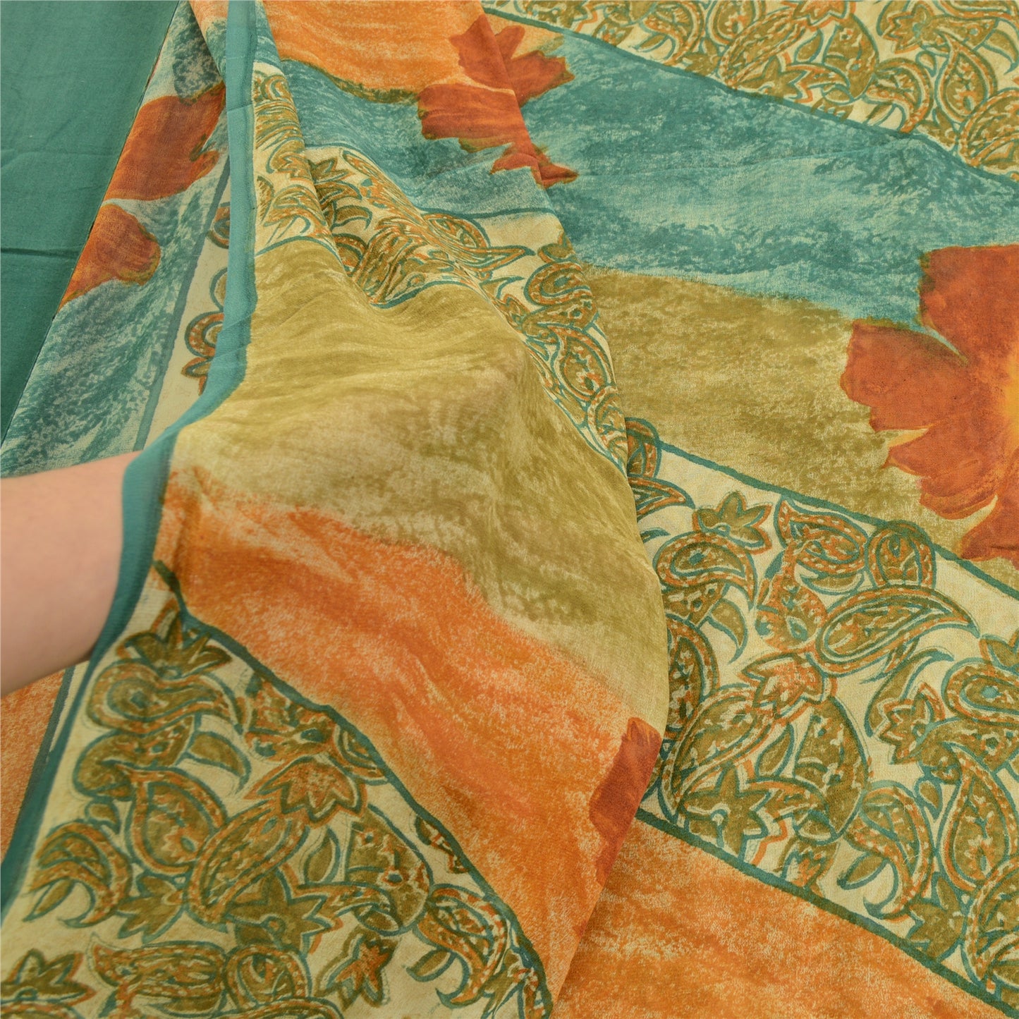 Sanskriti Vintage Green Sarees Pure Georgette Silk Printed Sari 5yd Craft Fabric