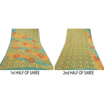 Sanskriti Vintage Green Sarees Pure Georgette Silk Printed Sari 5yd Craft Fabric
