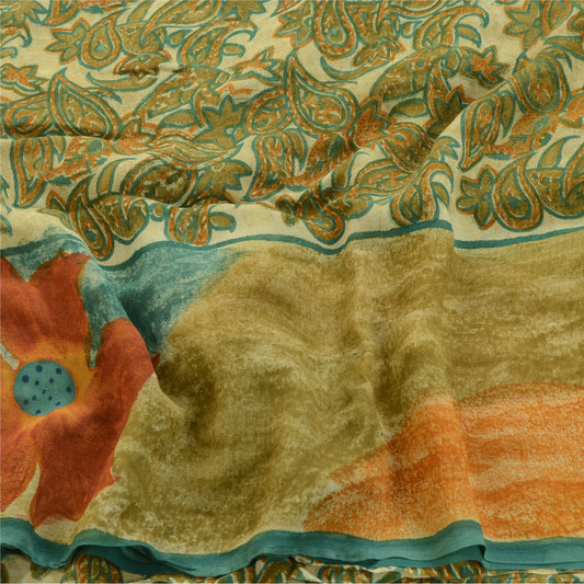 Sanskriti Vintage Green Sarees Pure Georgette Silk Printed Sari 5yd Craft Fabric