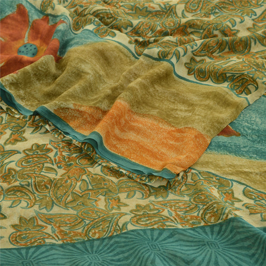Sanskriti Vintage Green Sarees Pure Georgette Silk Printed Sari 5yd Craft Fabric