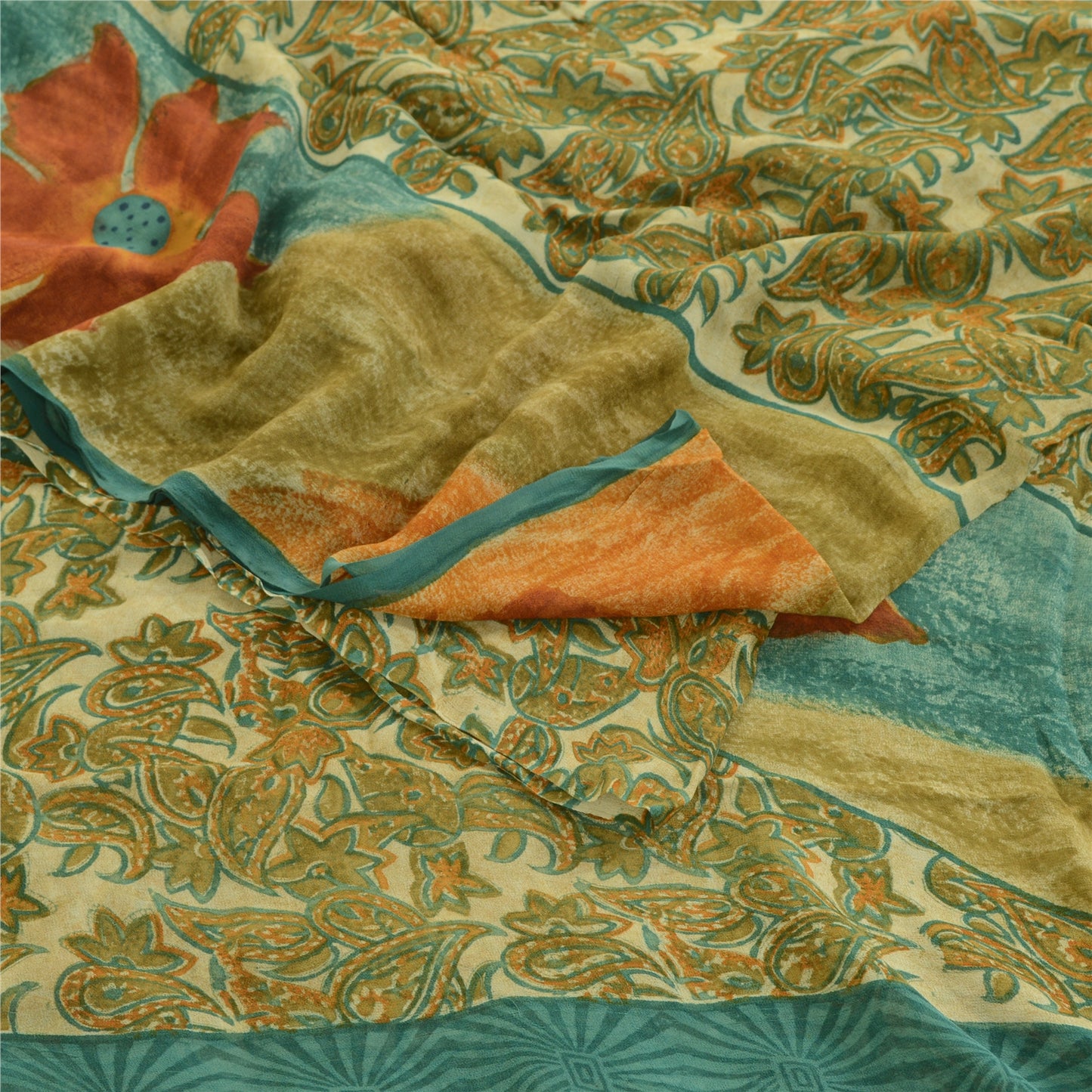 Sanskriti Vintage Green Sarees Pure Georgette Silk Printed Sari 5yd Craft Fabric