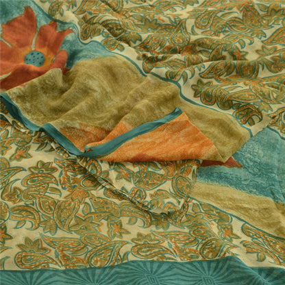 Sanskriti Vintage Green Sarees Pure Georgette Silk Printed Sari 5yd Craft Fabric