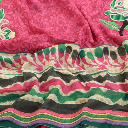 Sanskriti Vintage Pink Sarees Ari Embroidered Print Georgette Sari Craft Fabric