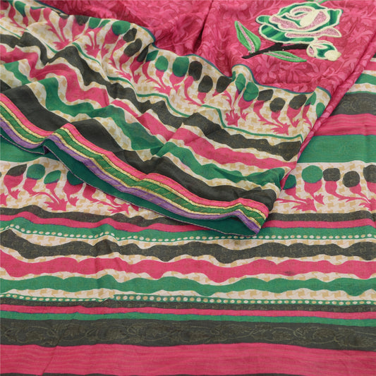 Sanskriti Vintage Pink Sarees Ari Embroidered Print Georgette Sari Craft Fabric