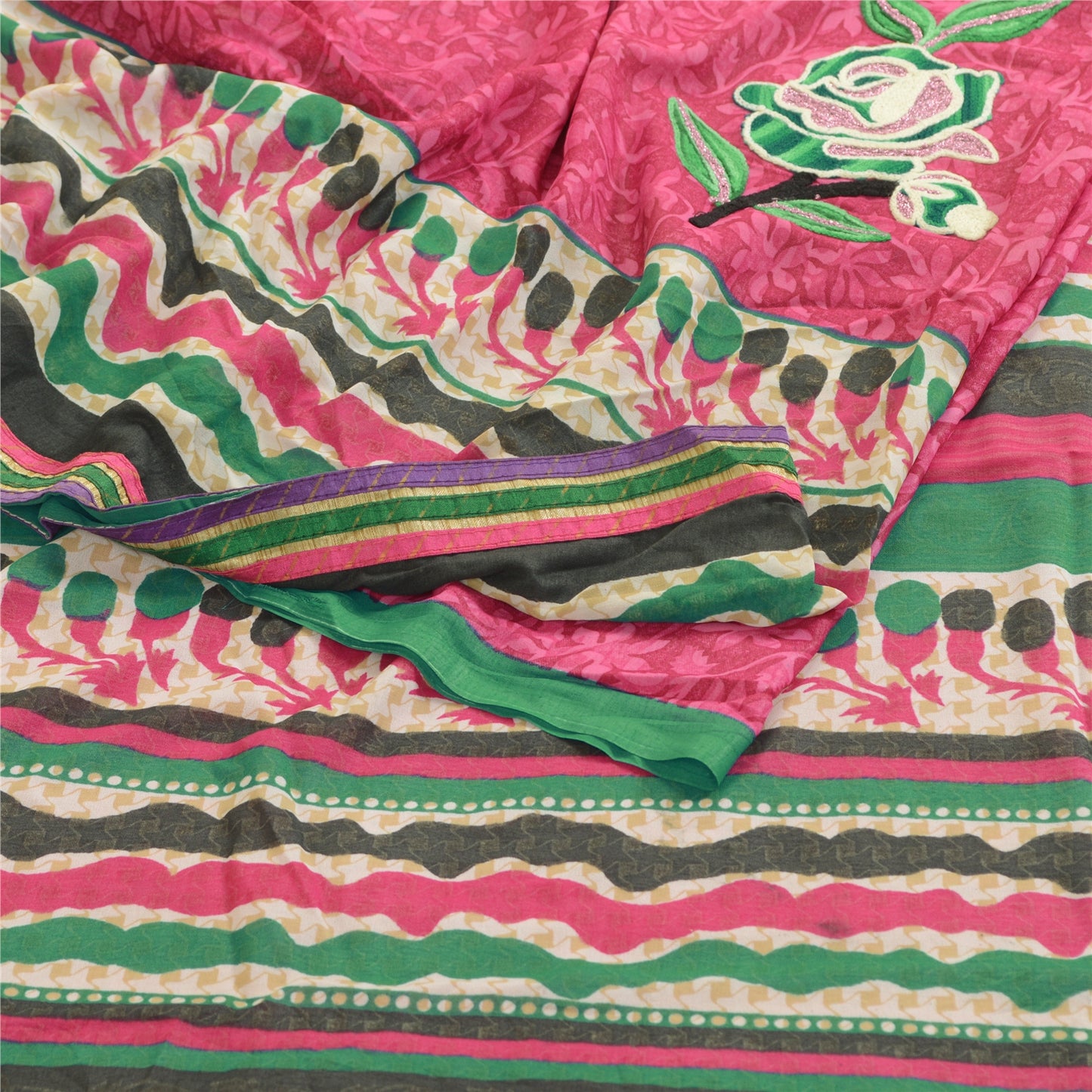 Sanskriti Vintage Pink Sarees Ari Embroidered Print Georgette Sari Craft Fabric