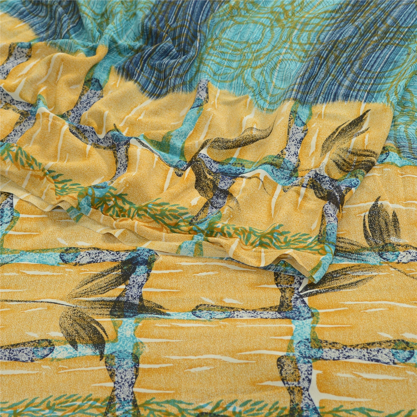 Sanskriti Vintage Blue From India Sarees Printed Georgette Sari 5yd Craft Fabric