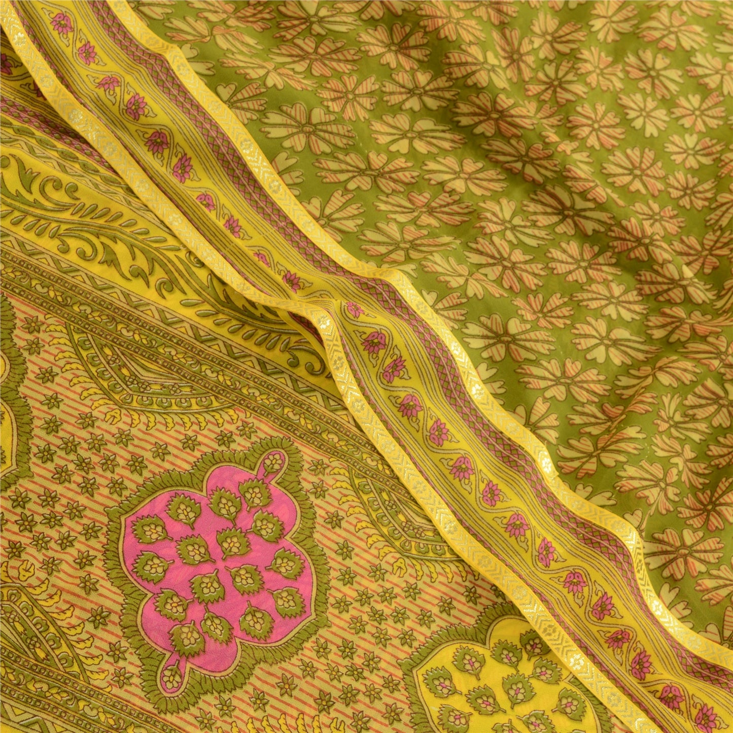 Sanskriti Vintage Green Indian Sarees Printed Georgette Sari Floral Craft Fabric