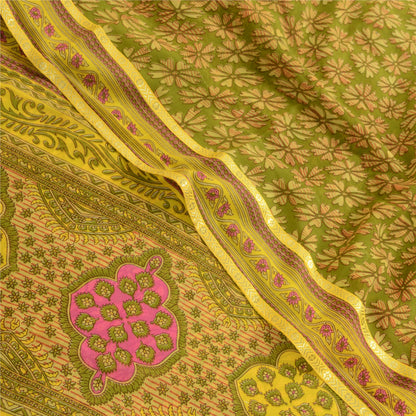 Sanskriti Vintage Green Indian Sarees Printed Georgette Sari Floral Craft Fabric