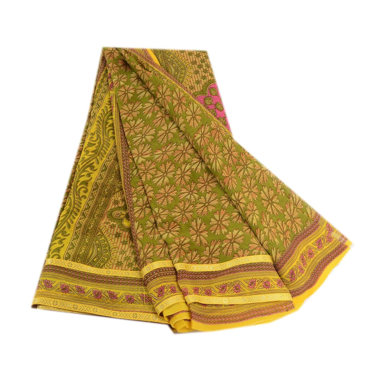 Sanskriti Vintage Green Indian Sarees Printed Georgette Sari Floral Craft Fabric