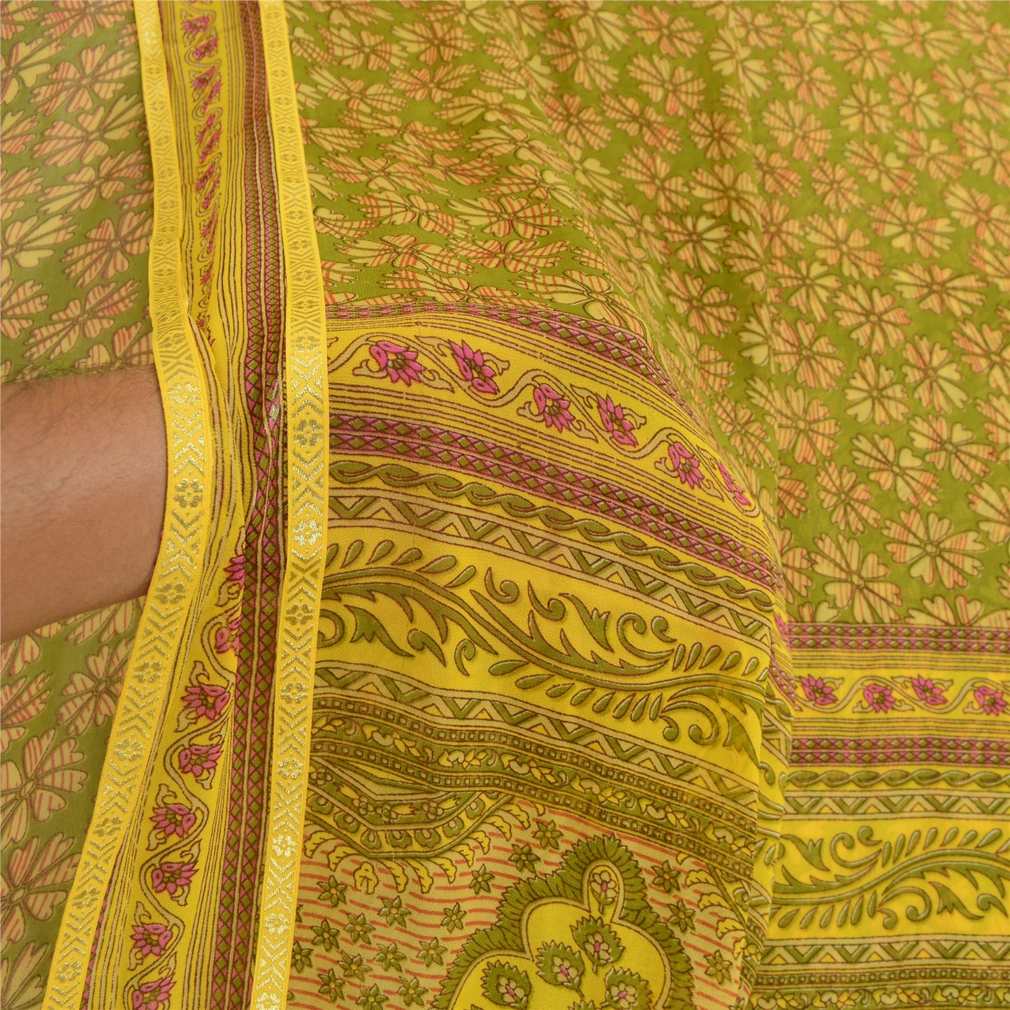 Sanskriti Vintage Green Indian Sarees Printed Georgette Sari Floral Craft Fabric